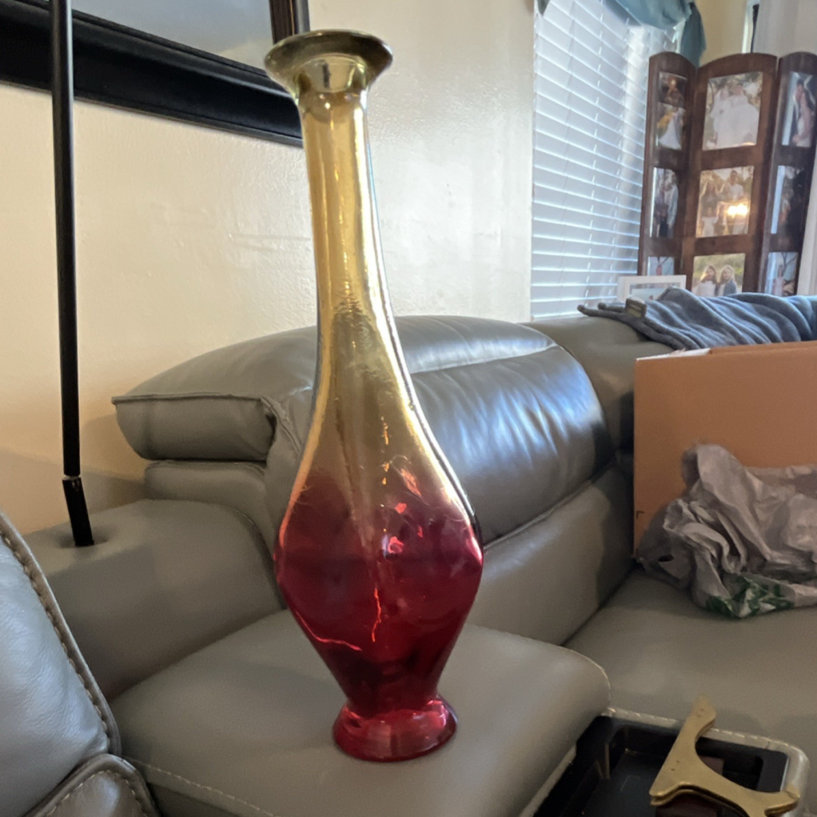 Art Glass Red Gold Tall Gradient Decorative Glossy Vase ~17 in
