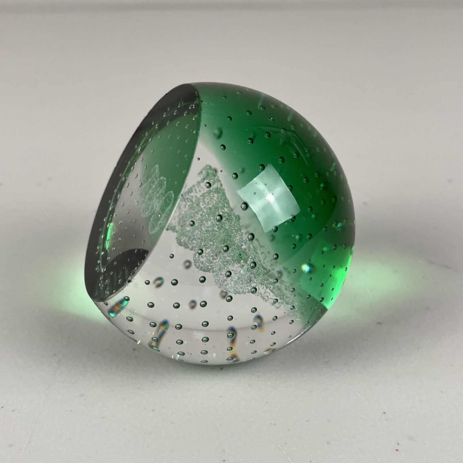 Vintage Caithness Scotland Green Glass Paperweight White Clear 2000 Y2K