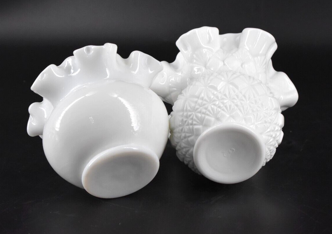 Set of 2 VTG Fenton Milk Glass Vases OVG Fine Cut & Block and Smooth Ruffled