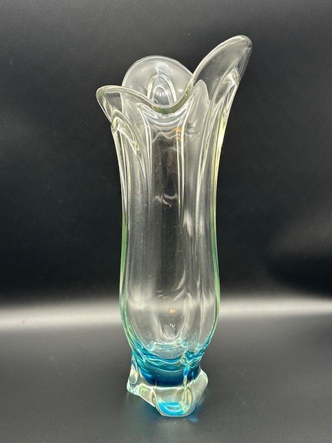 Vintage MCM Hand Blown Tall Clear and Light Blue Base Vase 13.5″ Tall