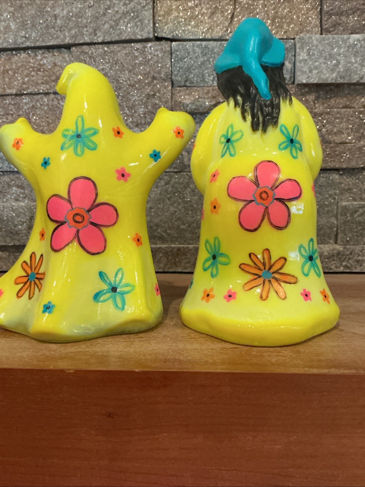 Fenton Witch and Ghost Art Glass Pair by Mosser Dandelion Yellow UV Shines HP