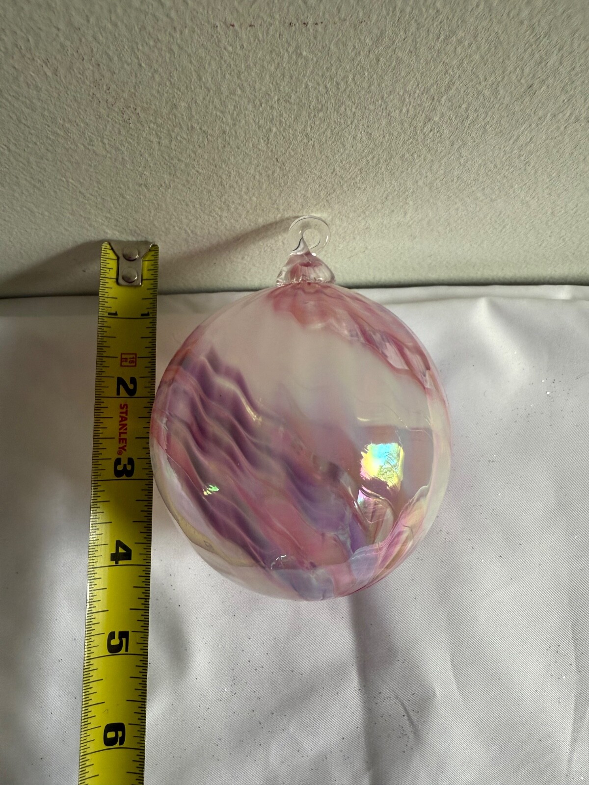 Hand Blown Art Glass Ball approx. 4” Suncatcher Pink Swirl ornament