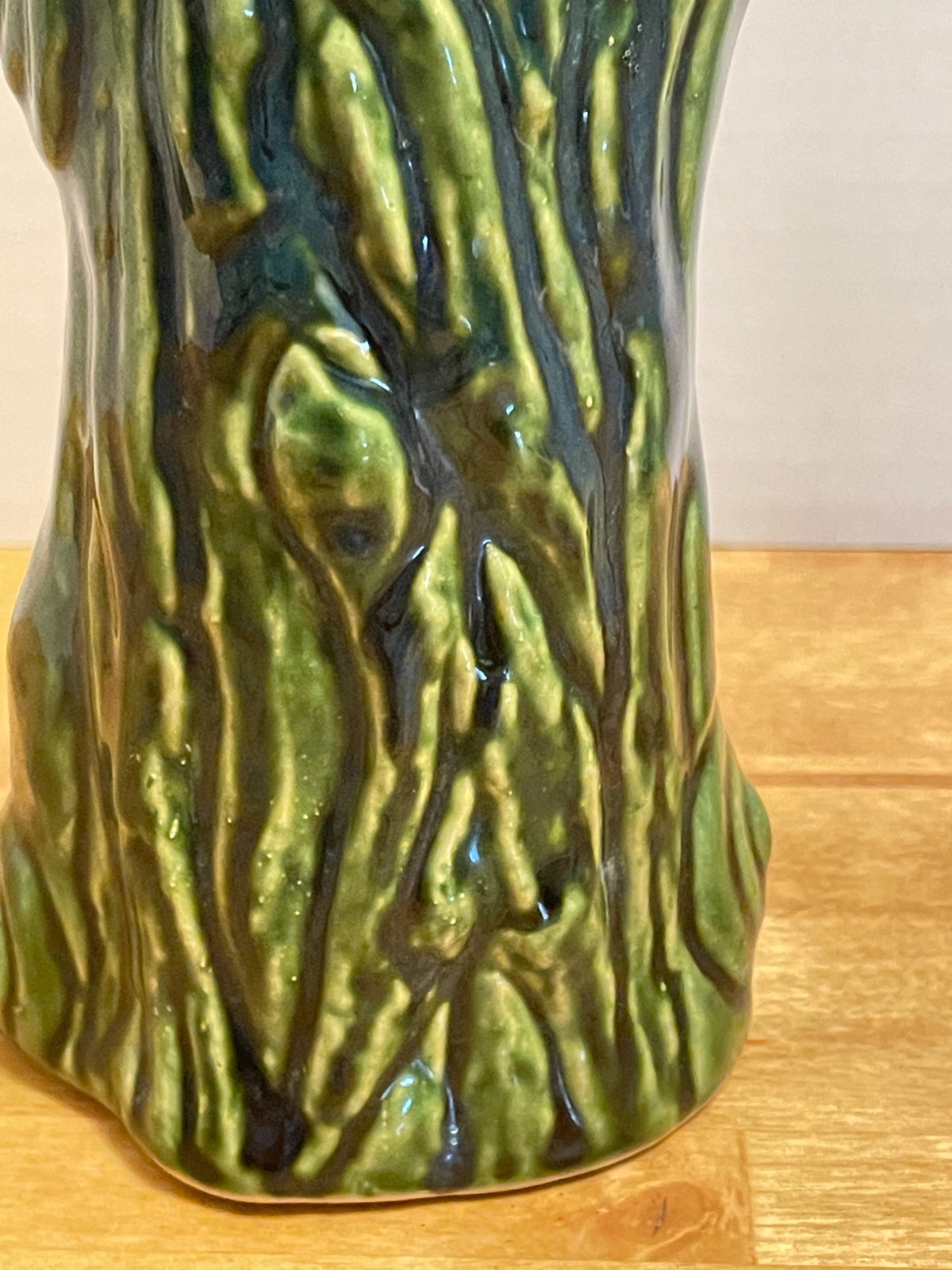 Vintage MCM Retro Textured Green & Black Tree Trunk Ceramic 7″ Vase