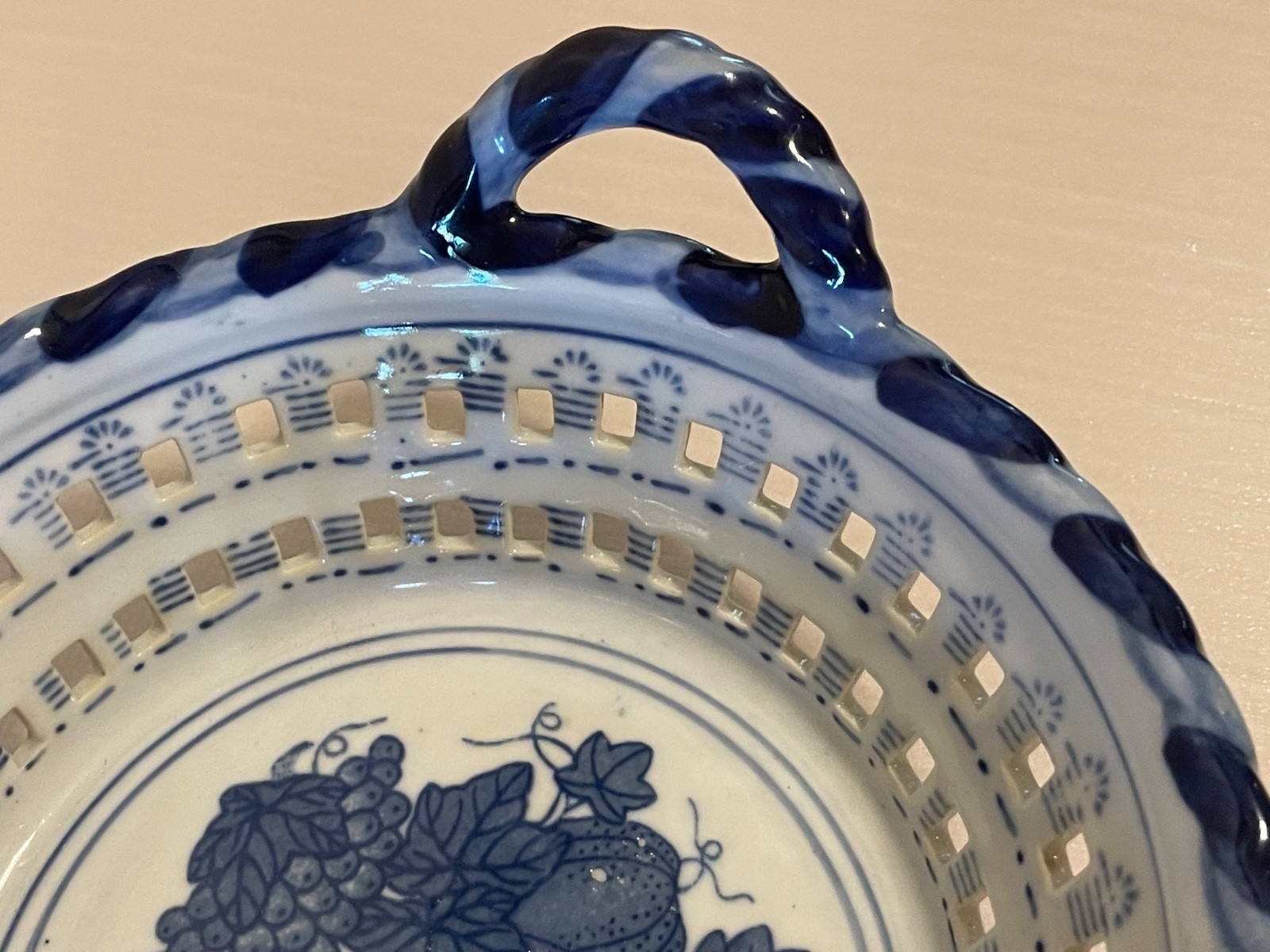 Ceramic Bowl Basket Lattice Fruit With Handles White Blue 8 Inch 64