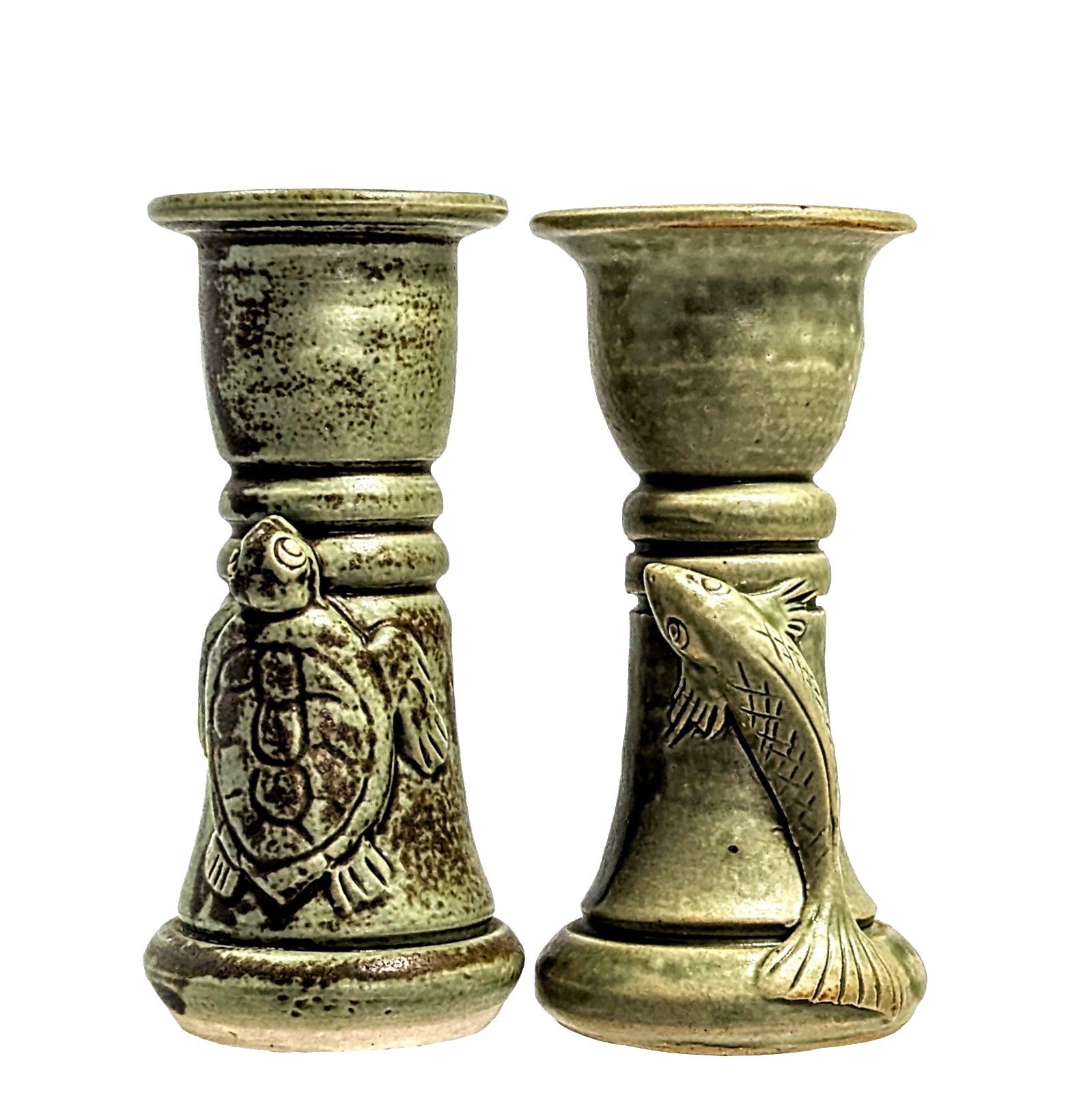 Artisan Hand Thrown Pottery Turtle Fish Taper Candlesticks Bahali 5″