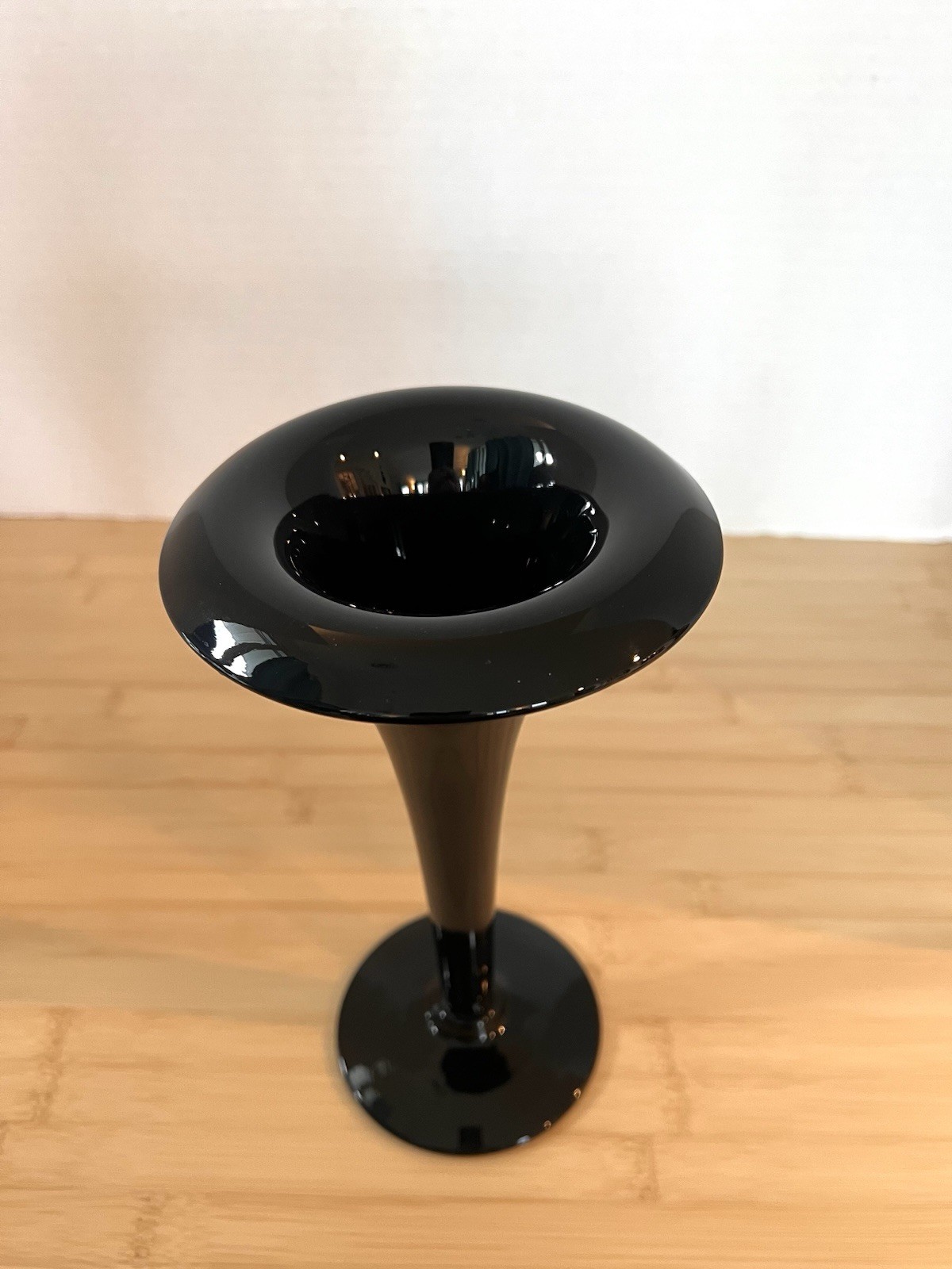 Vintage Black Amethyst Trumpet Vase Art Deco Ebony Rolled Rim Elegant Glass 9”