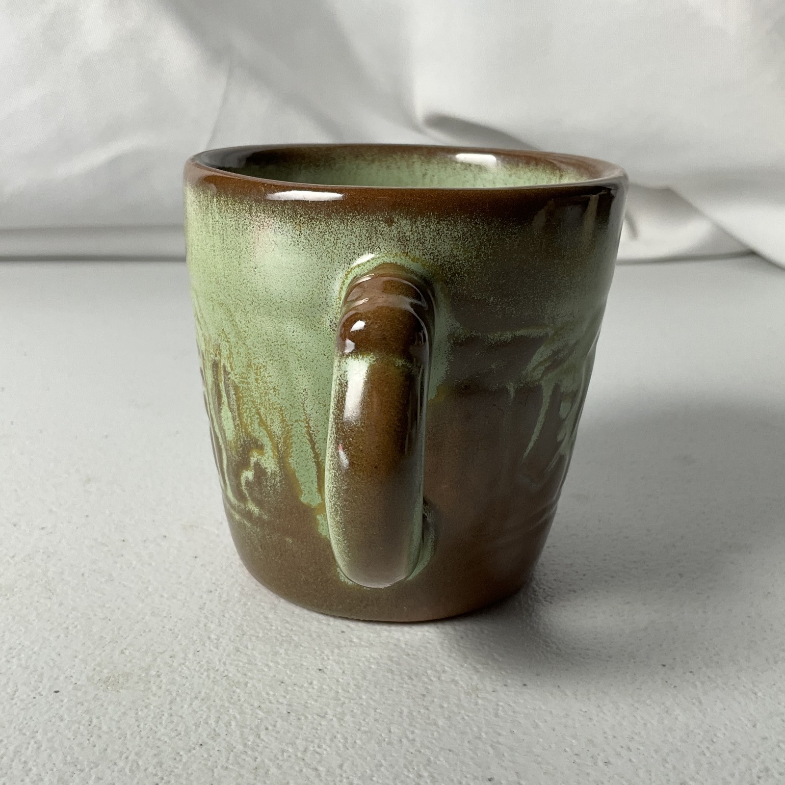 Handmade Studio Pottery Mug Brown Green Drip Glaze Textured Ceramic Cup Art