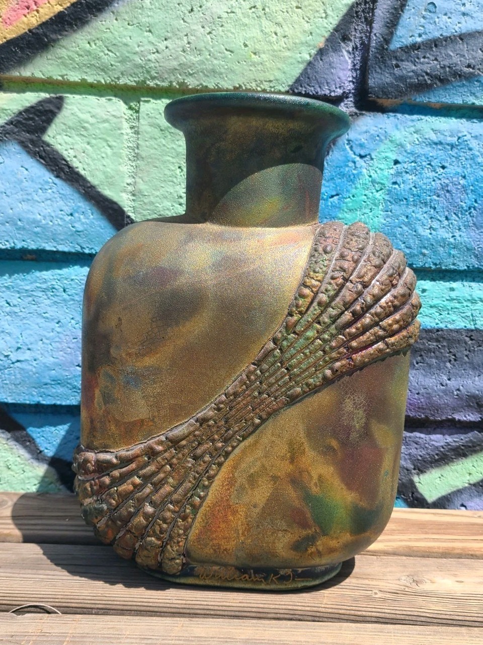 William K. Turner Raku Art Pottery Iridescent Textured Large Vase 13½” Signed