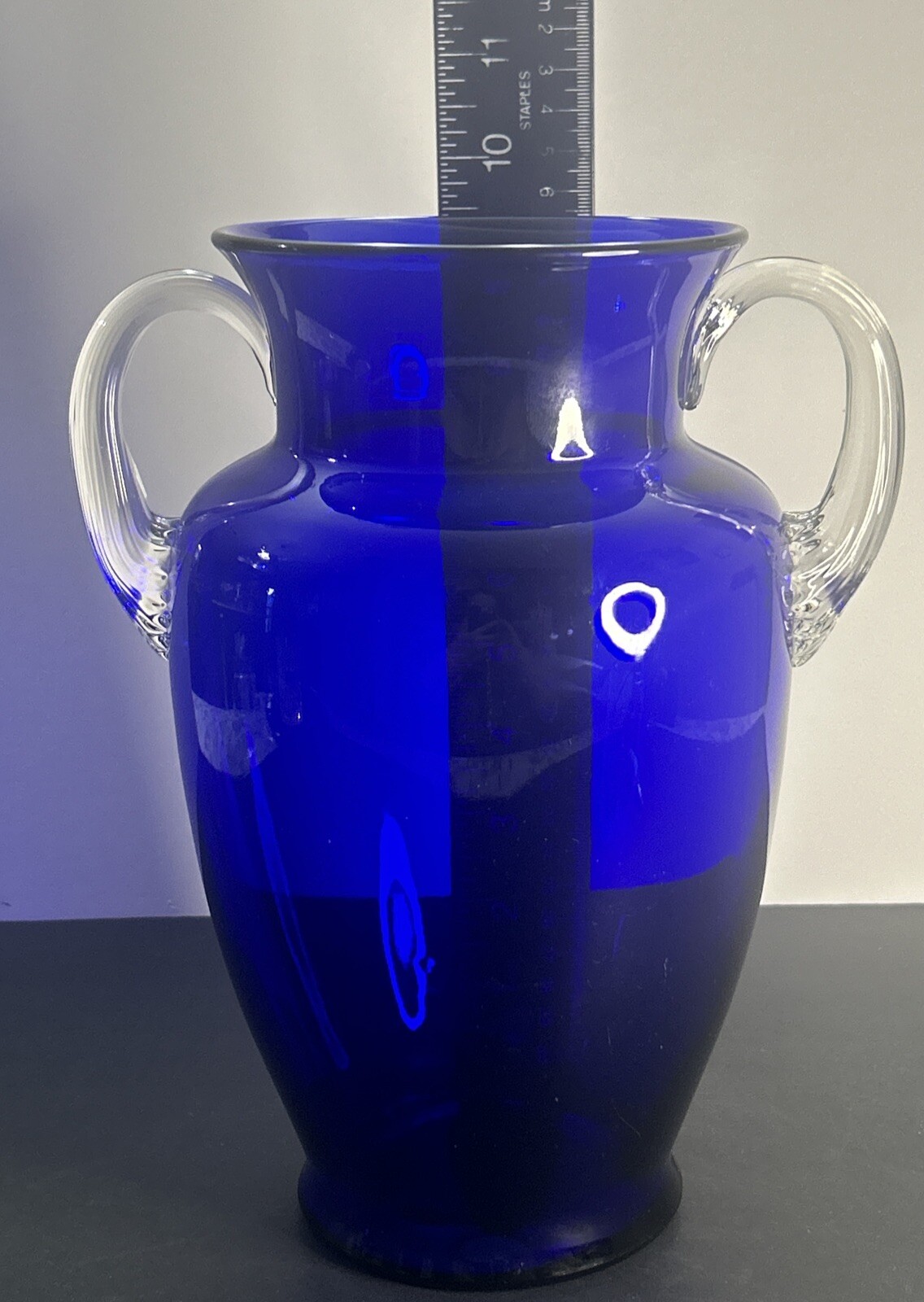 Vintage Louie Cobalt Blue Line 20 Clear Applied Handle 9.75″ Vase ~ READ~