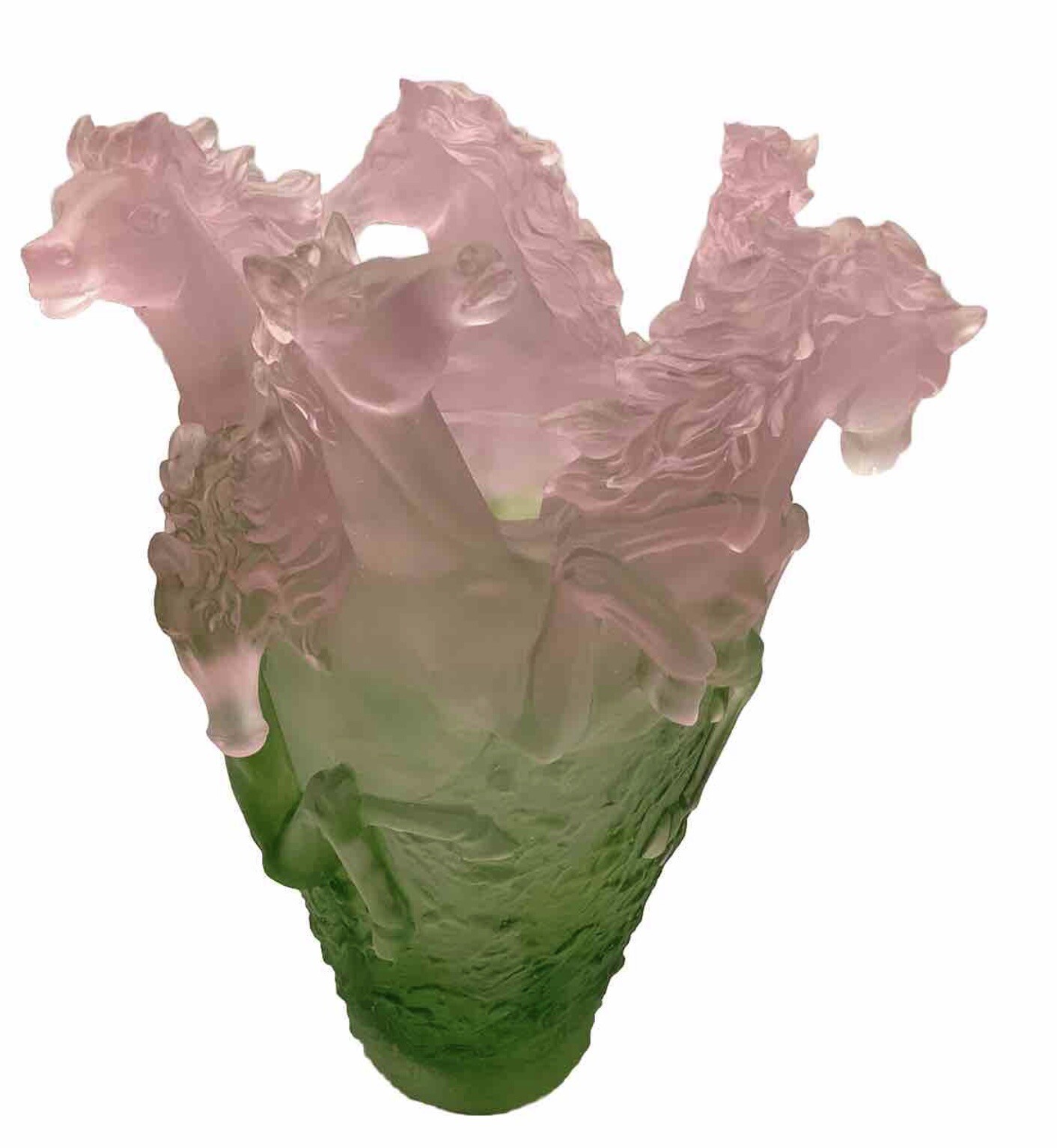 Xl Nancy Daum Style Pate De Verre Crystal Horse Vase Pink Green Ombere H10”