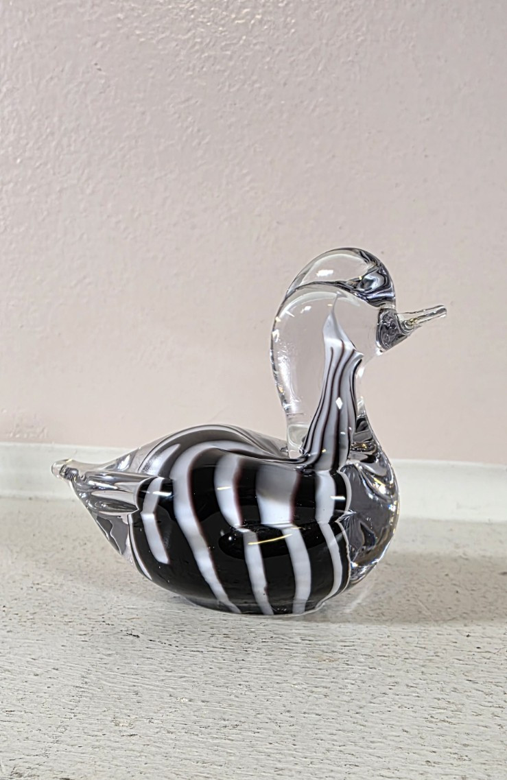Vintage Enesco Clear Black White Swirl Hand Blown Glass Duck