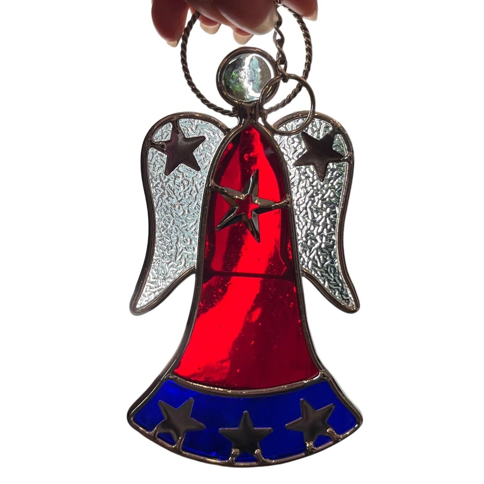 3D Stained Glass Angel Red Blue Stars 5.75” Sun Catcher Patriotic