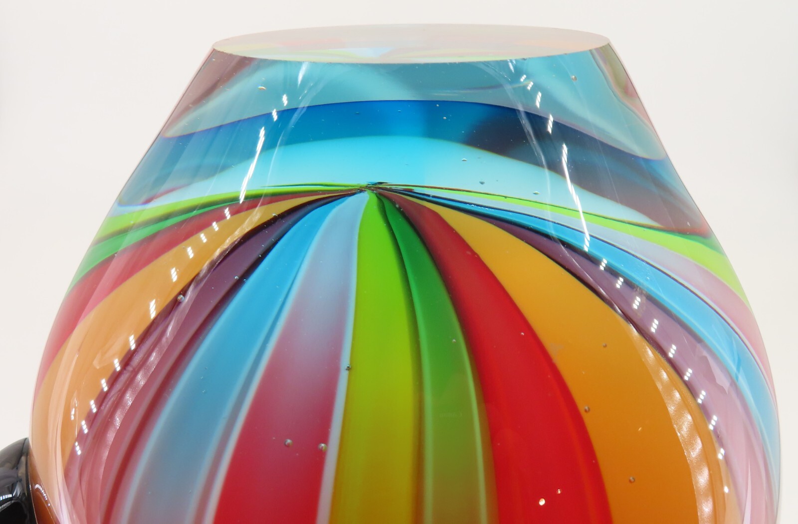 Vibrant Multi Colored Striped Sommerso Base Heavy Art Glass Pitcher Vase 9” High