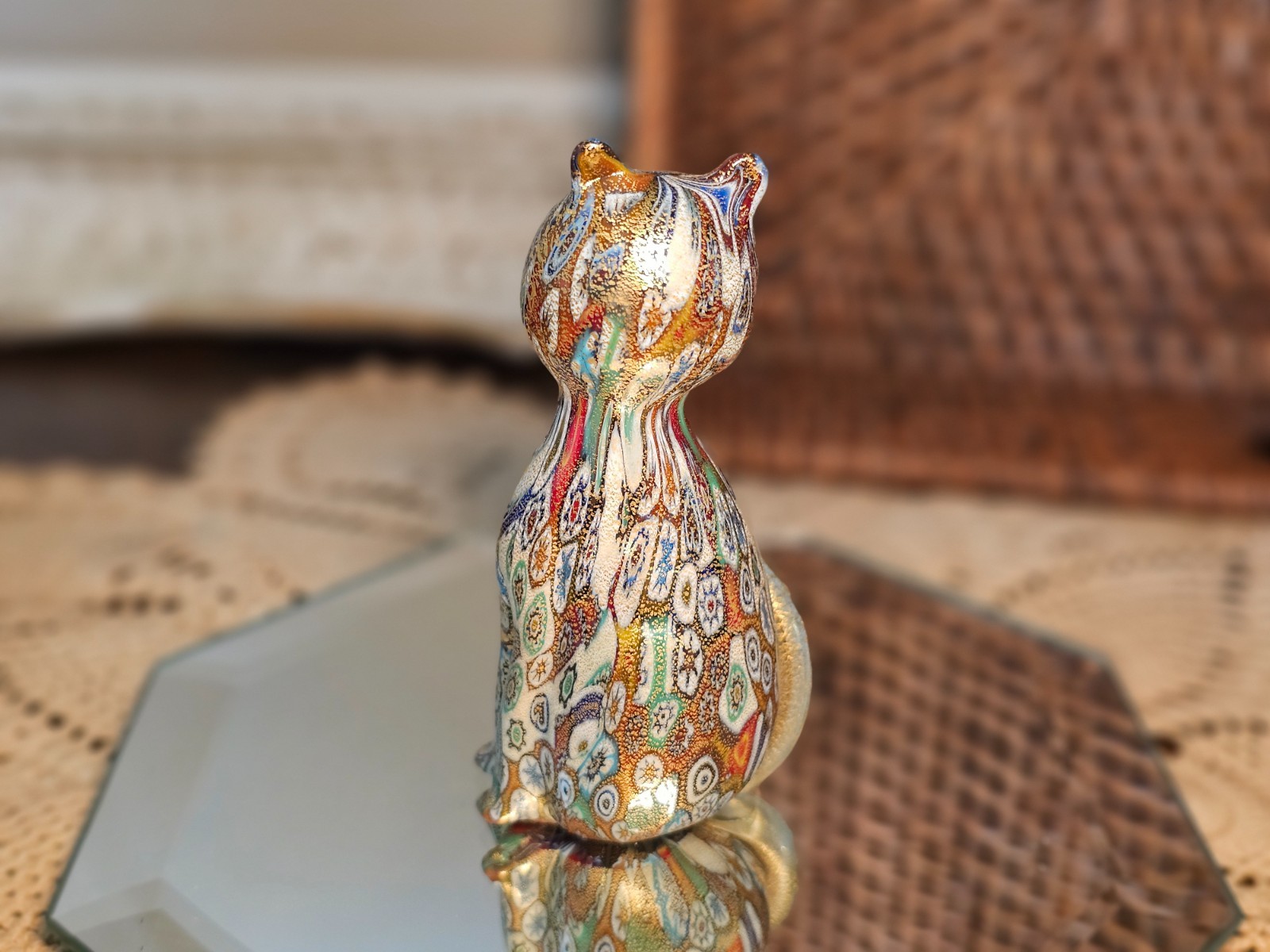 Vintage Murano Millefiori Glass Cat Figurine Gold Aventurine Venetian Art 4″