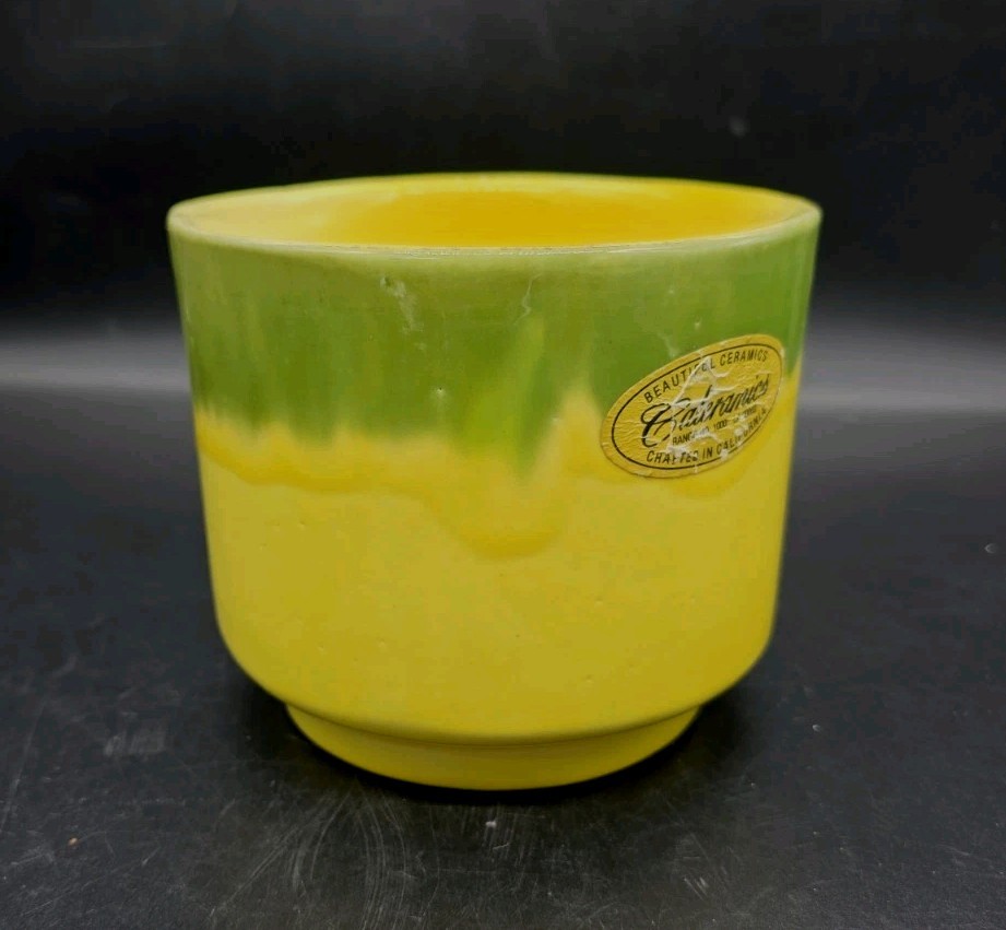 MCM Caleramics Bright Yellow & Green Drip Glaze Ceramic Round Planter 4¾x5½”