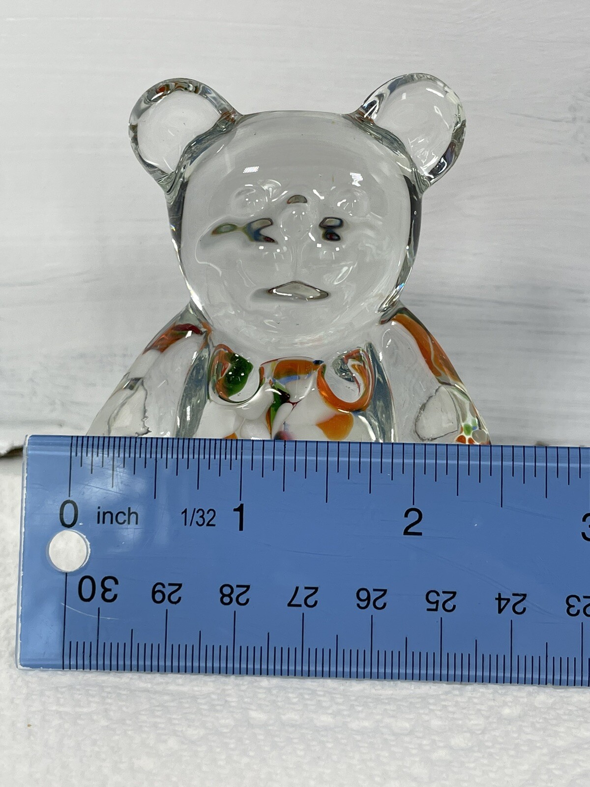 Glass Bear Paperweight Clear Glass with Colored Glass 3 inches tall