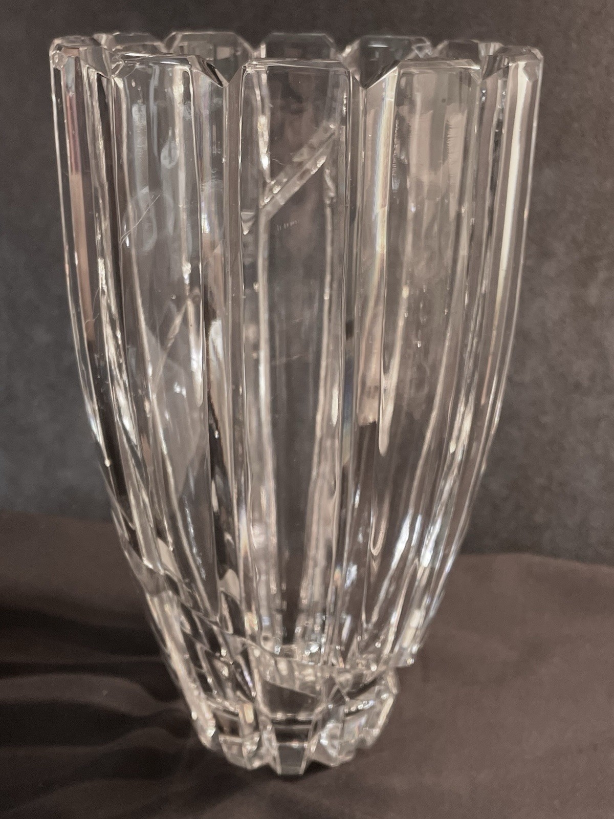 VINTAGE MIKASA UPTOWN VASE, HEAVY CRYSTAL w DEEP CUT VERTICAL & SWIRL, SLOVENIA