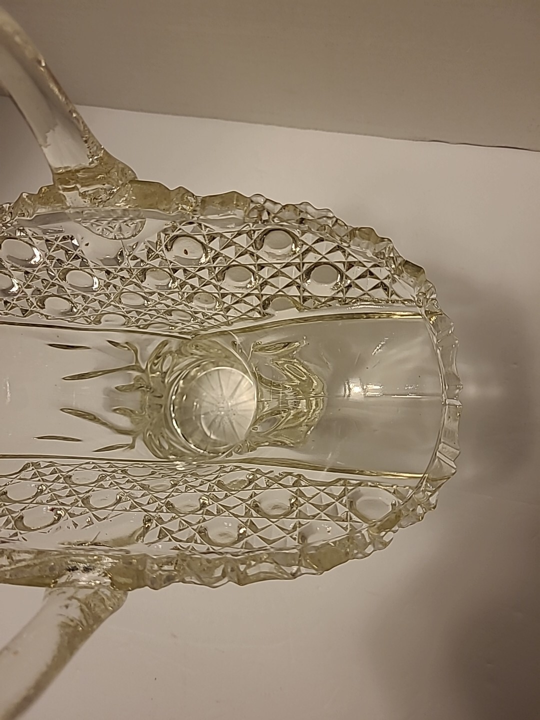 Vintage Lead Crystal Cut Glass Basket Vase w Handle 12″ H x 10″ L x 5″ W