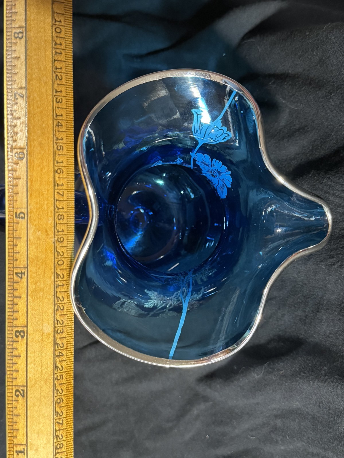 Antique Cobalt Blue Art Glass Pitcher Silver Overlay Floral Decoration Pontil