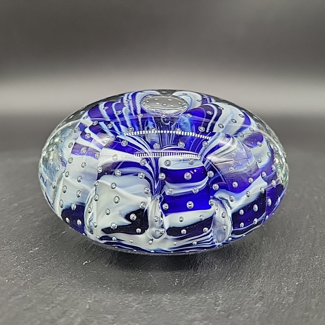 Glass Paperweight – Blue + White Design with Lots of Small Bubbles 3.5″ 1lb 8oz