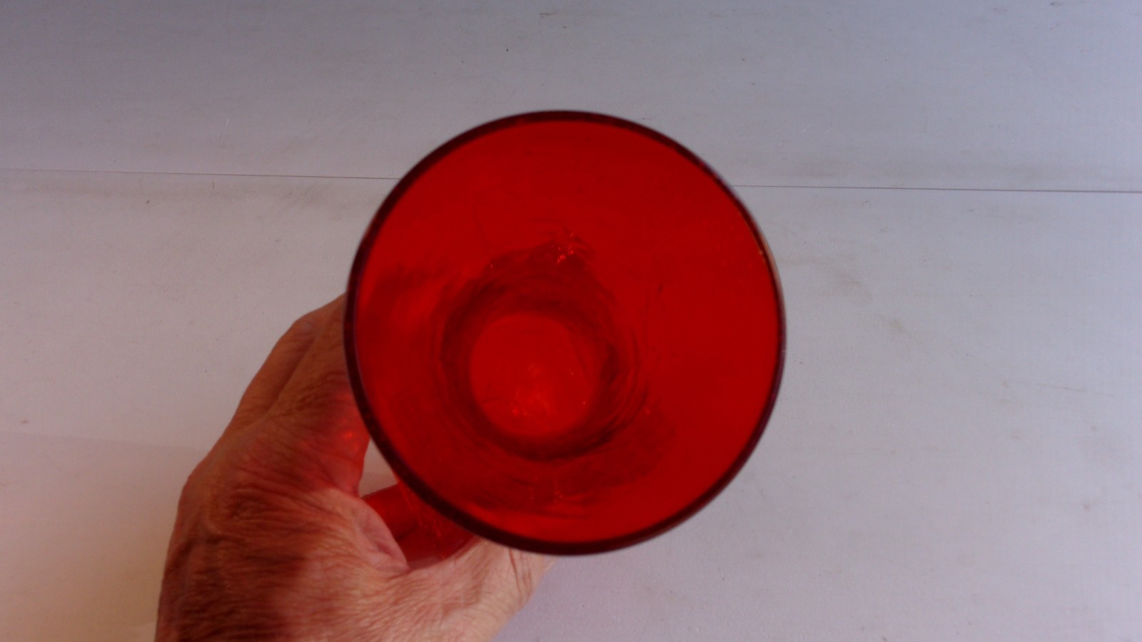 VTG Blenko Rainbow Glass Redish Orange Crackle Glass Pinched Body Art Glass Vase