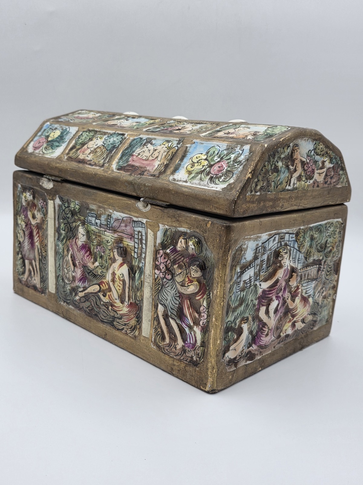 Rare Antique 19th C Large Capodimonte Gilded Porcelain Jewlery Box hand painted.