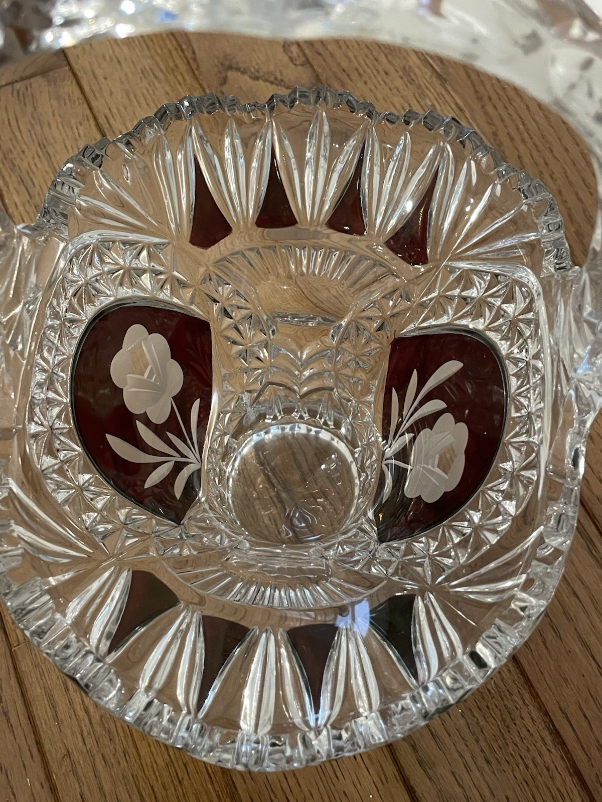 Vintage Crystal Clear & Ruby Red Basket with Handle with Etched Rose