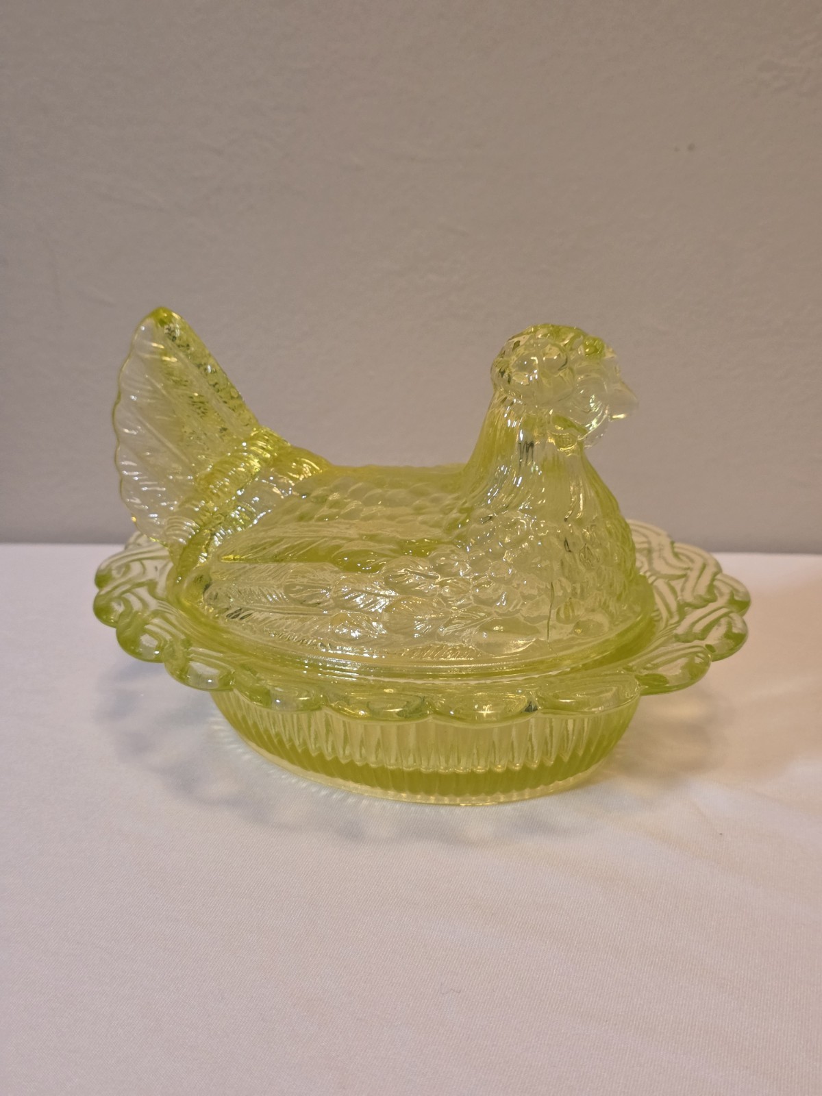 Authentic RARE Mosser Vaseline 6.5” Uranium Glass Hen on Nest Candy Dish PERFECT