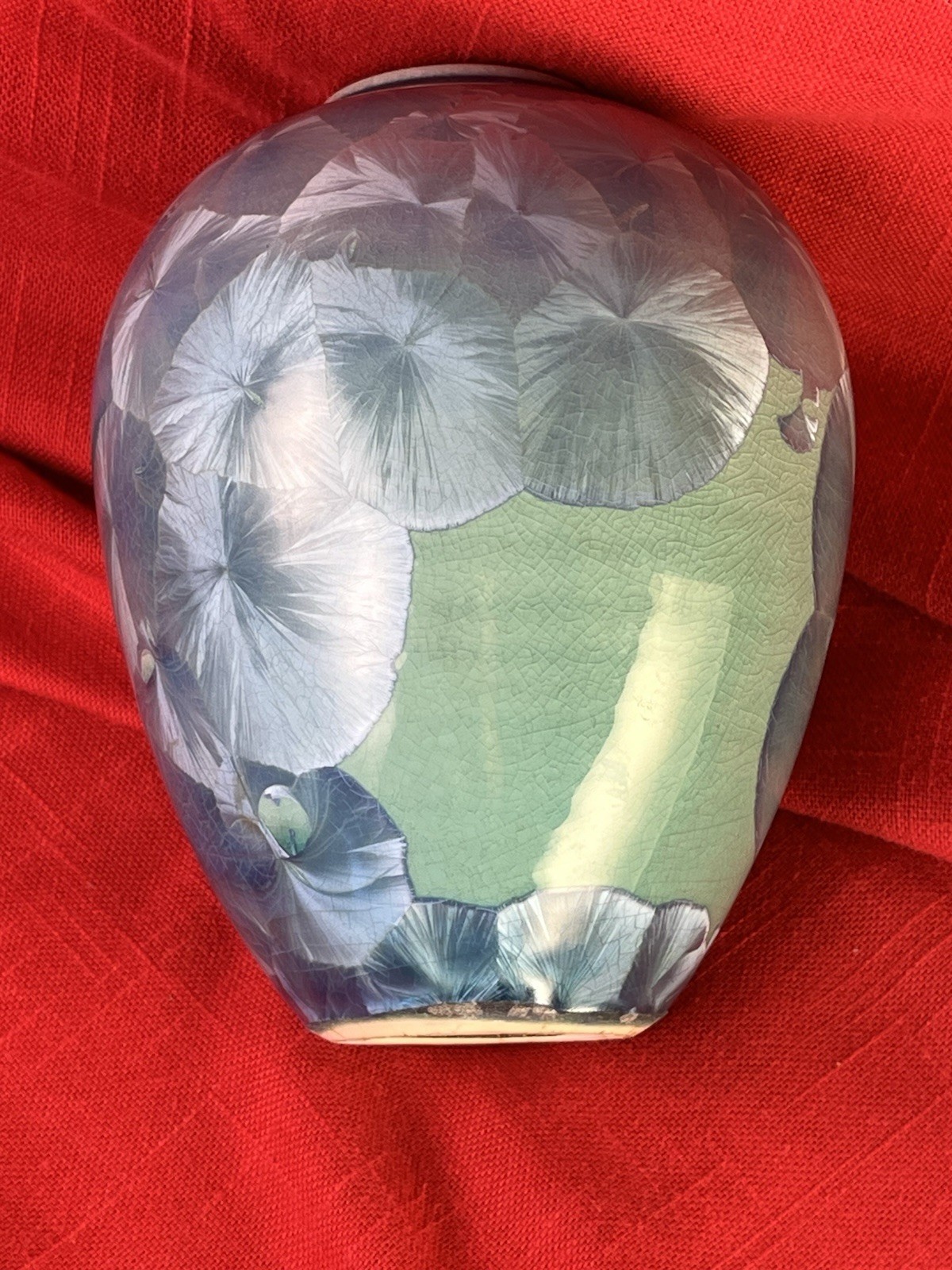 Crystalline Glaze Ceramic Art Pottery Vase Round Signed Blue Green Celadon Art