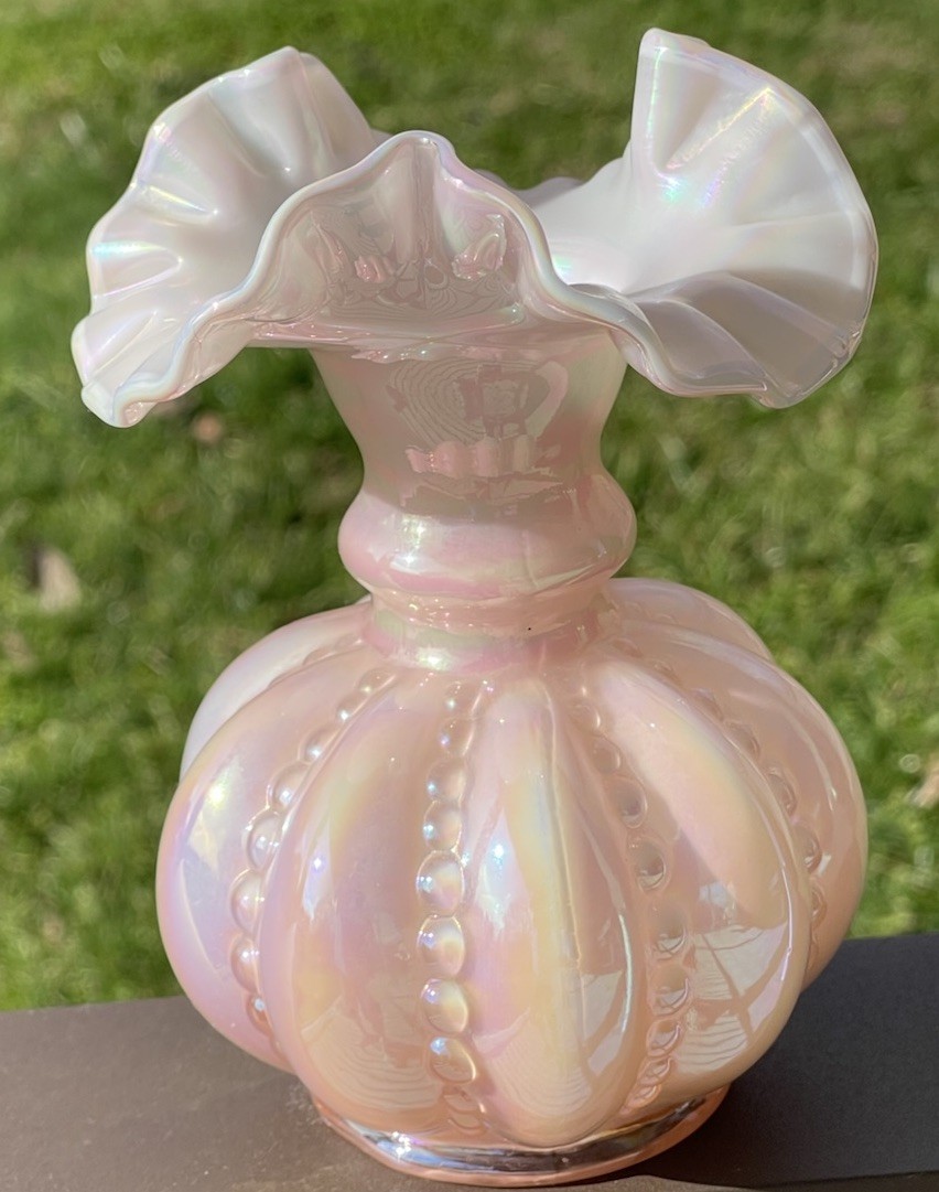 FENTON MELON VASE IRIDESCENT PINK BEADED RUFFLE EDGE SIGNED DAN FENTON