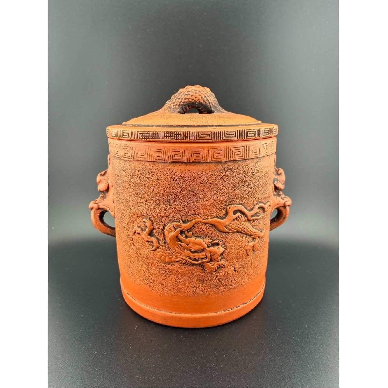 Vintage Terracotta Red Dragon Lidded Vase
