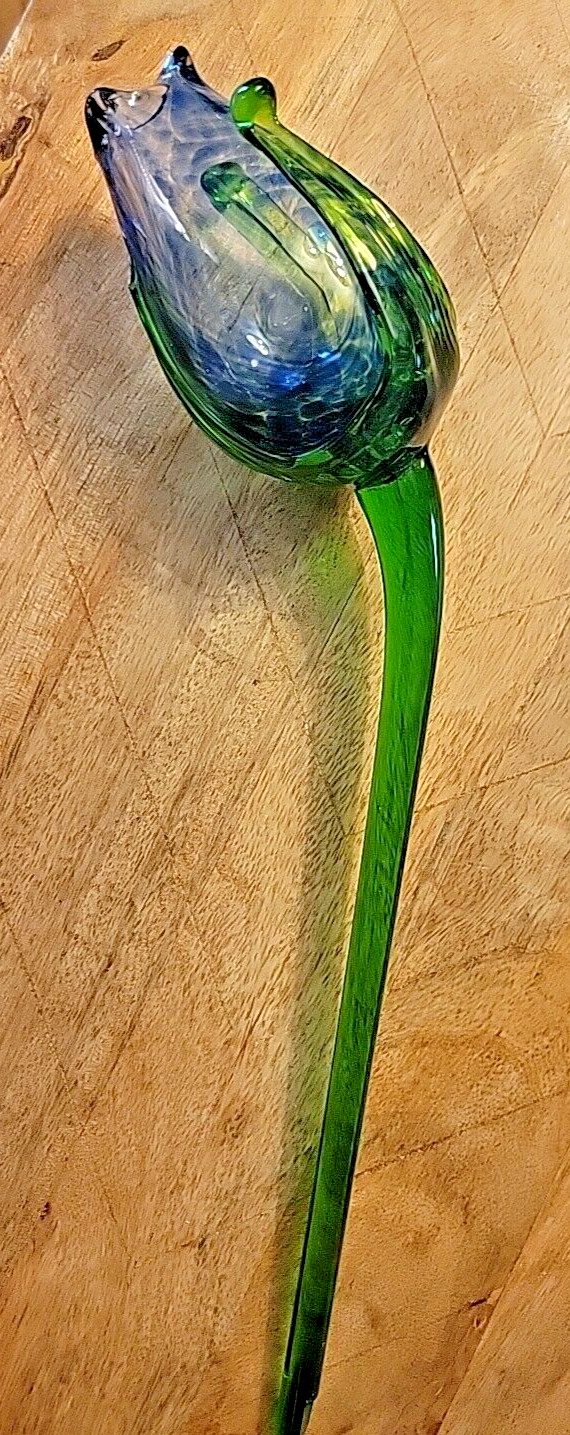 Art Glass Blue Flower and Stem 12″