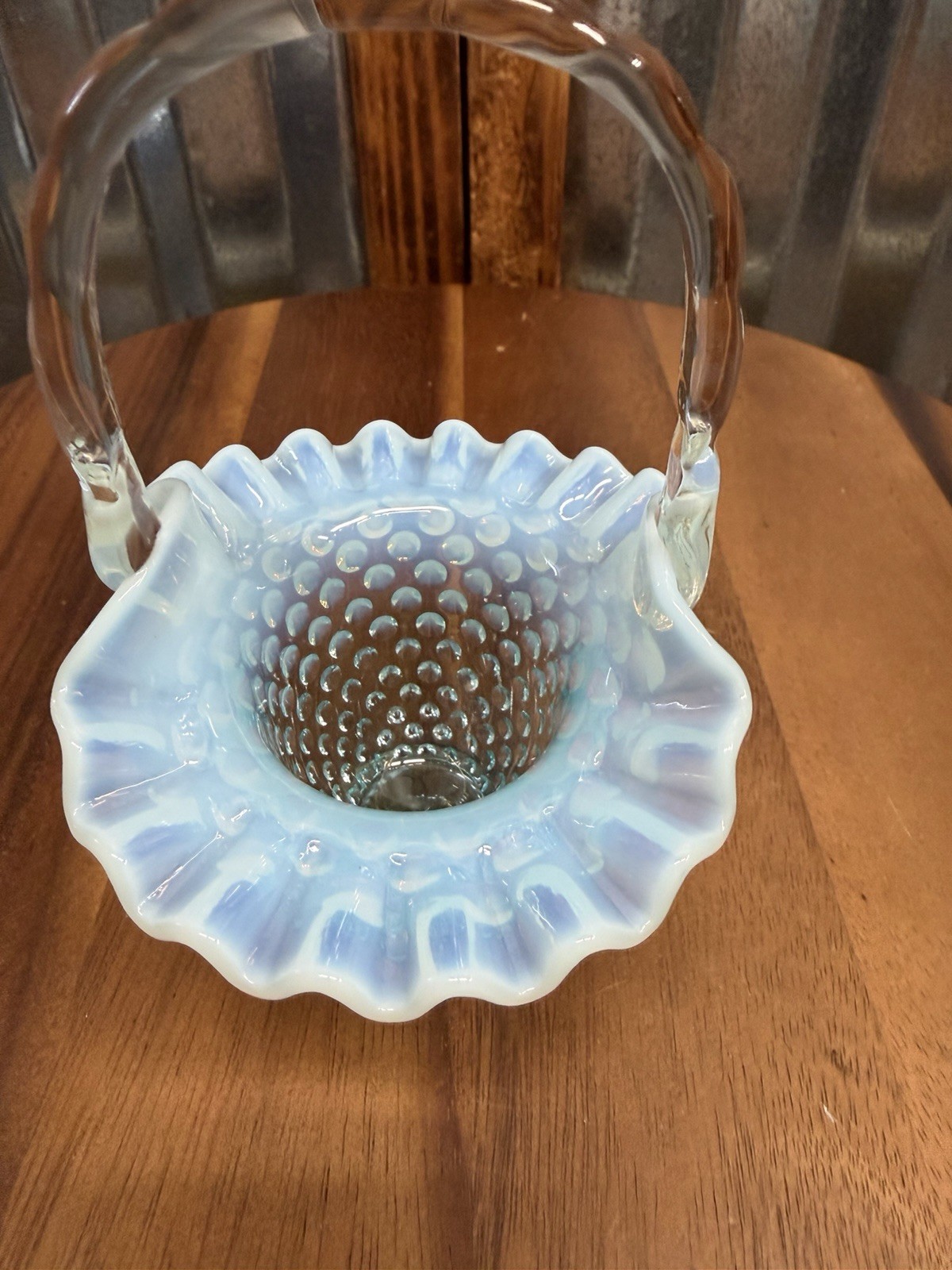 Vintage Aqua Opalescent Hobnail Glass Basket Ruffled Rim Applied Handle
