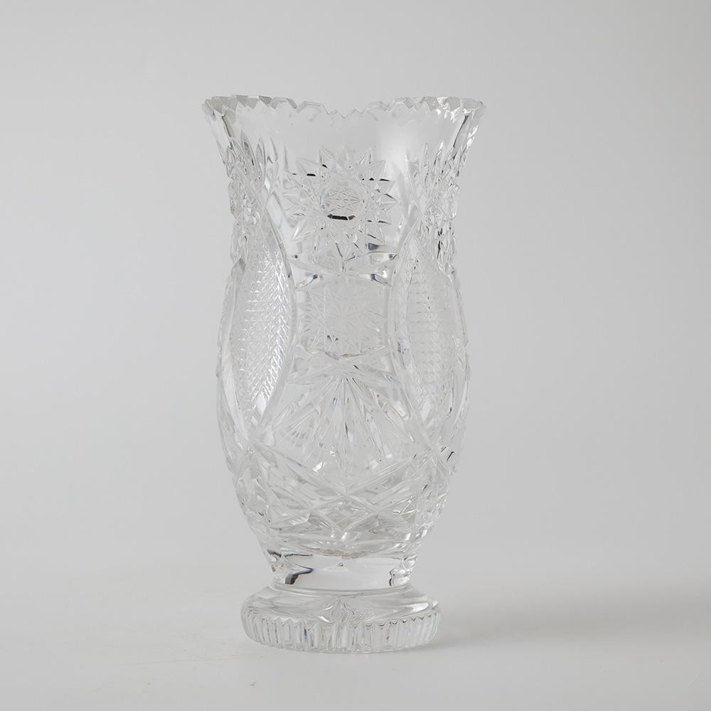 Japanese Ornate Crystal Cut Glass Vase Pinwheel & Fan Motif Heavy Glass H8.07in