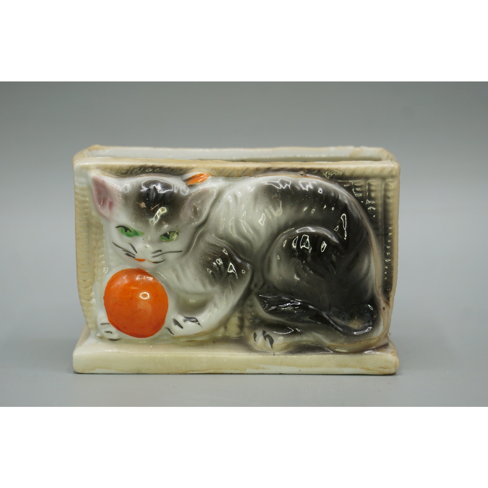 Vintage Made in Japan Cat Orange Ball Figural Planter Basket Weave 1940s 1950s