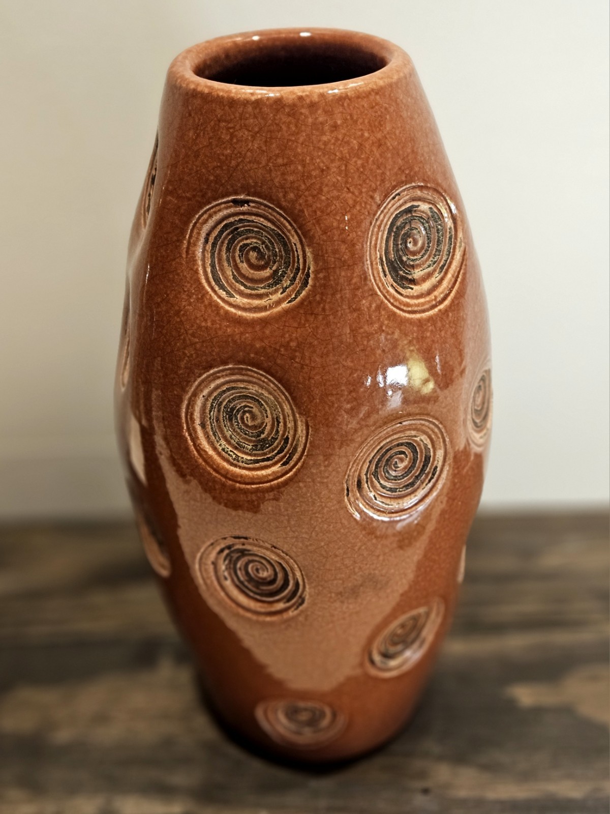 Vintage Brown Art Pottery Vase Spiral Medallion 12” Studio MCM Boho Dec