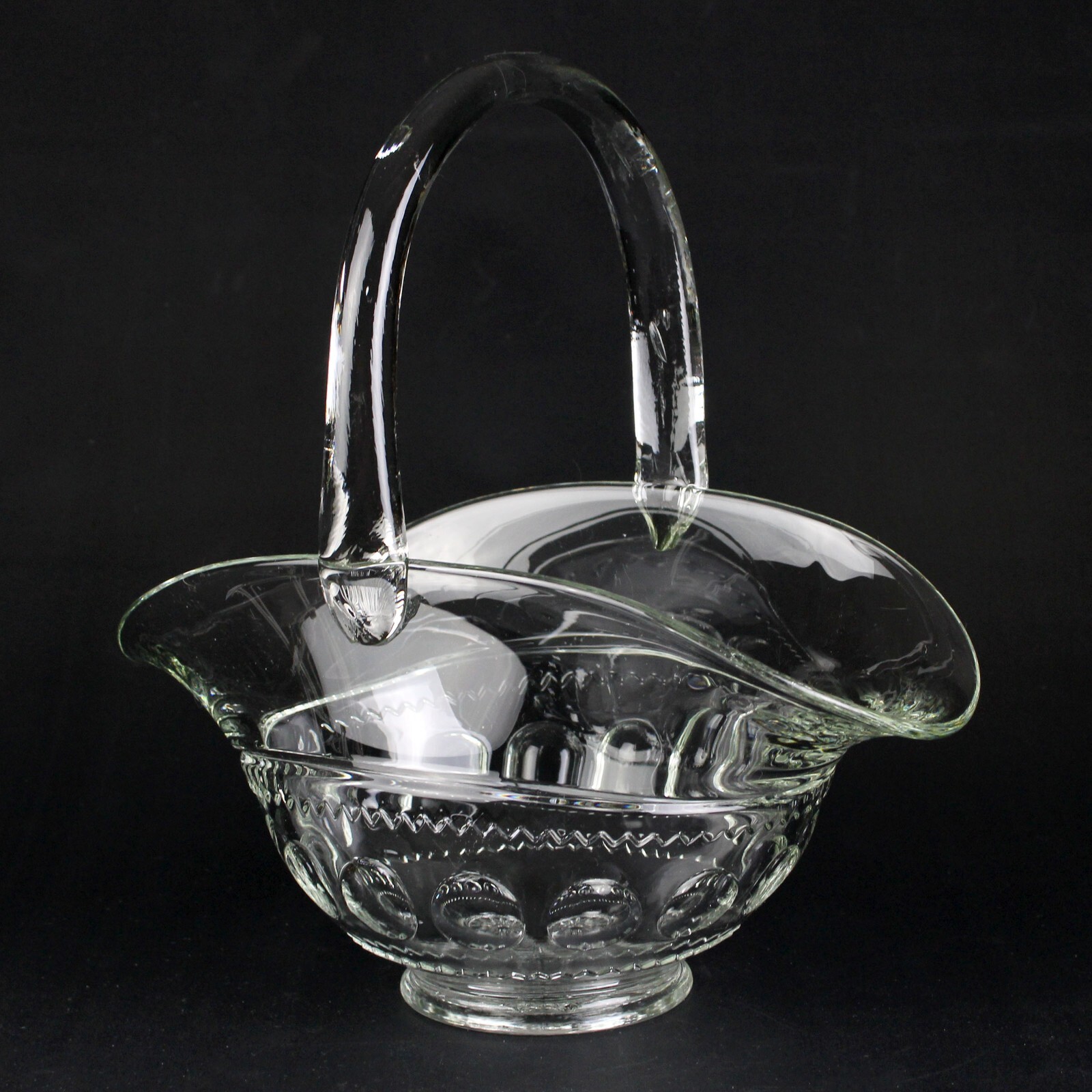 Tiffin King’s Crown Fruit Basket, Vintage Glass Antique Thumbprint 12″ H, Scarce