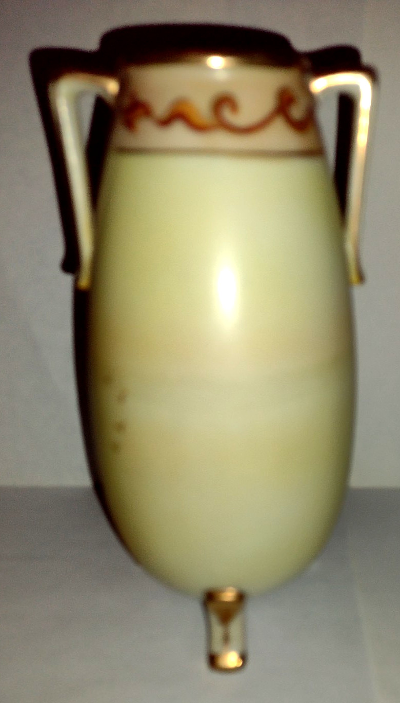 Nippon Hand Painted Double Handle Vase Cottage Cabin Footed Scene