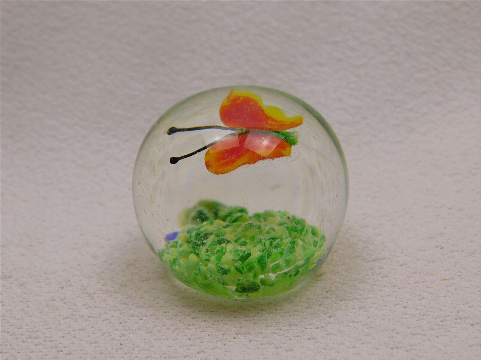 Orange Green Yellow Butterfly With Green Grass Art Glass 1.5″ Mini Paperweight