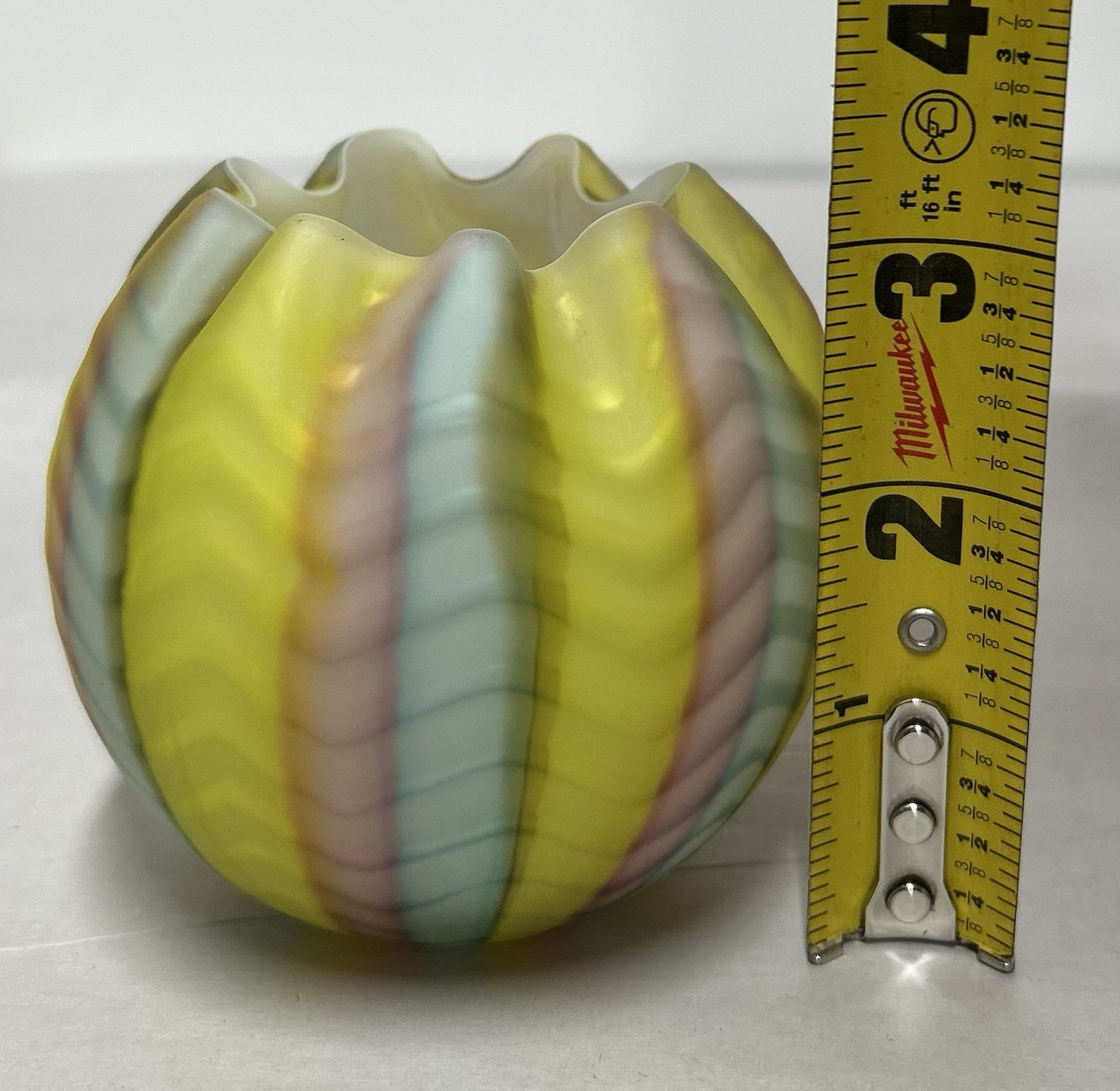 Satin Glass Herringbone Rose Bowl Pink Yellow Blue Stripes 3.25 inches Tall