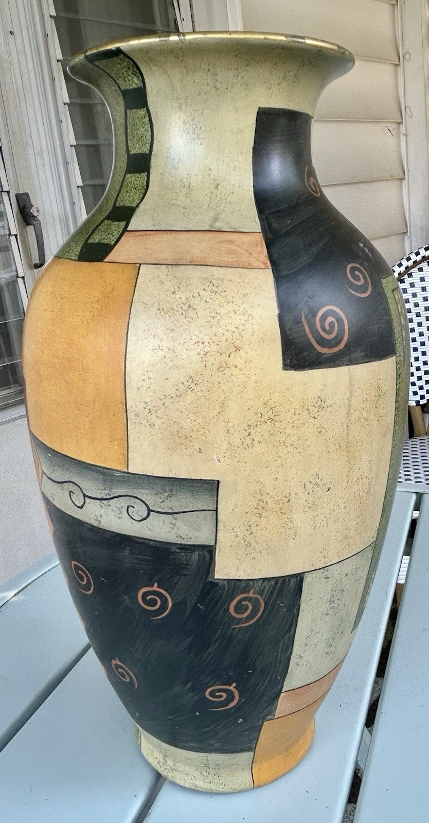 Patchwork Geometric Design Ceramic Vase 14.5” Tall 8” Wide