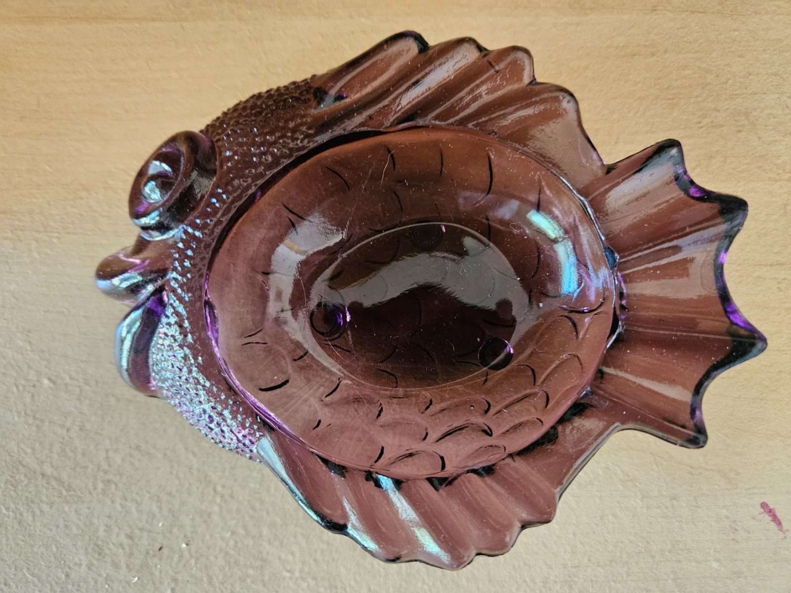 Glass Footed Fish Shaped Ashtray Dish Tray Purple 6 x 4 1/2 in. Candy Trinket
