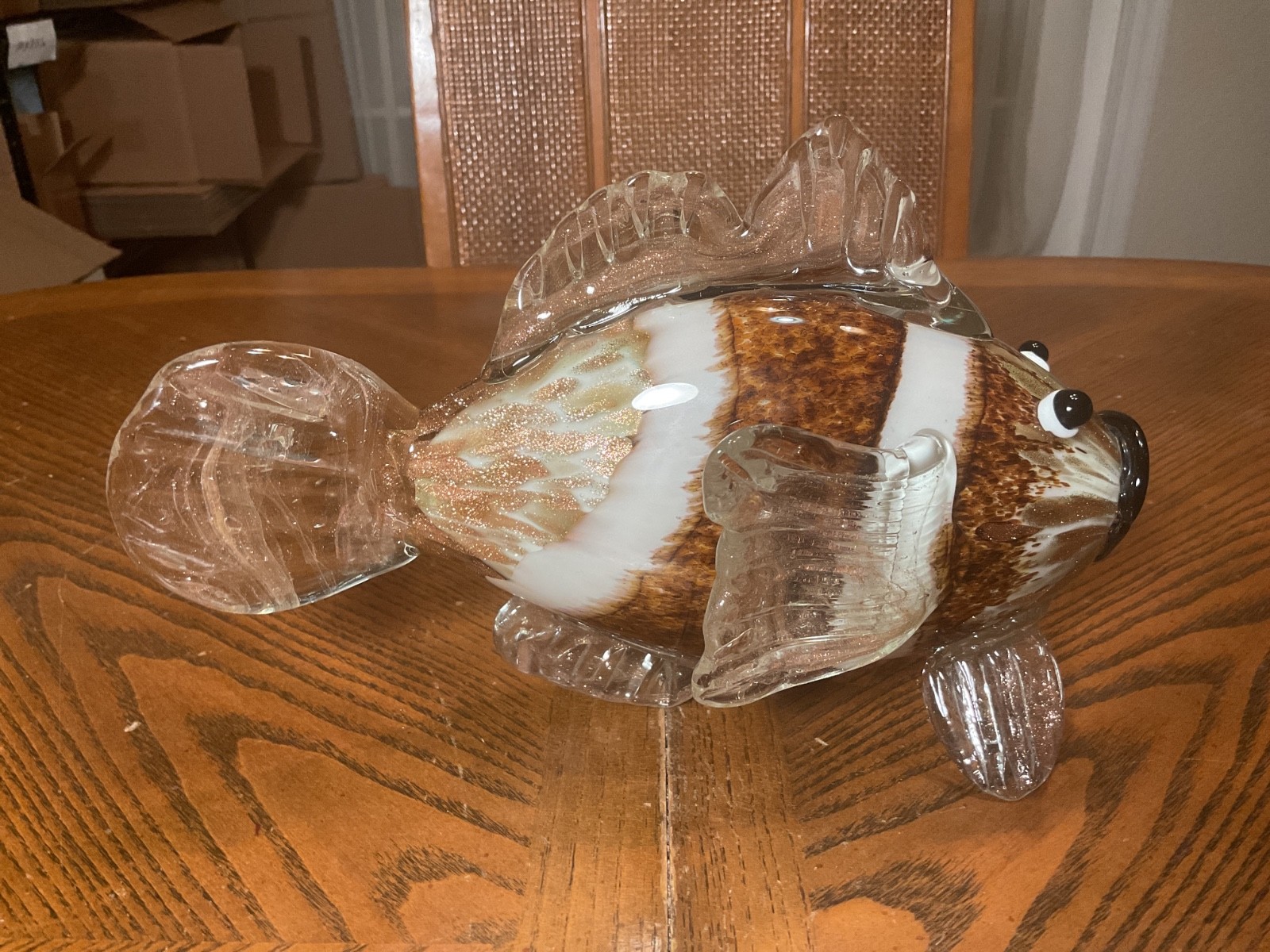 Vtg Large 9.75” Handblown Clown Fish Brown Gold Murano Style Art Glass E3