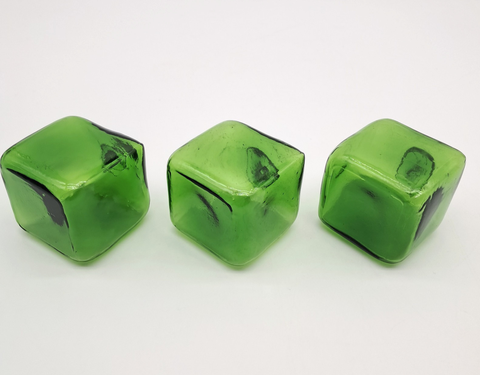 Lot of 5 Vintage Blenko Hand Blown Art Glass Cubes 3 Green 2 Aqua Blue MCM Retro