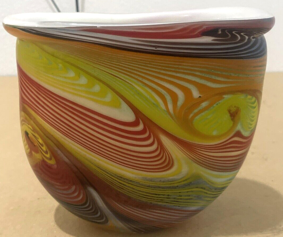 Swirl Art Glass Multi Color Red Orange Yellow Green Black Vase Heavy 7’X7″