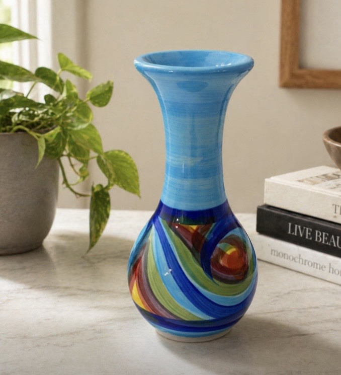 Gail Pittman Hand Painted Art Pottery Bud Vase Signed Multicolor Blue Swirl 6.5″