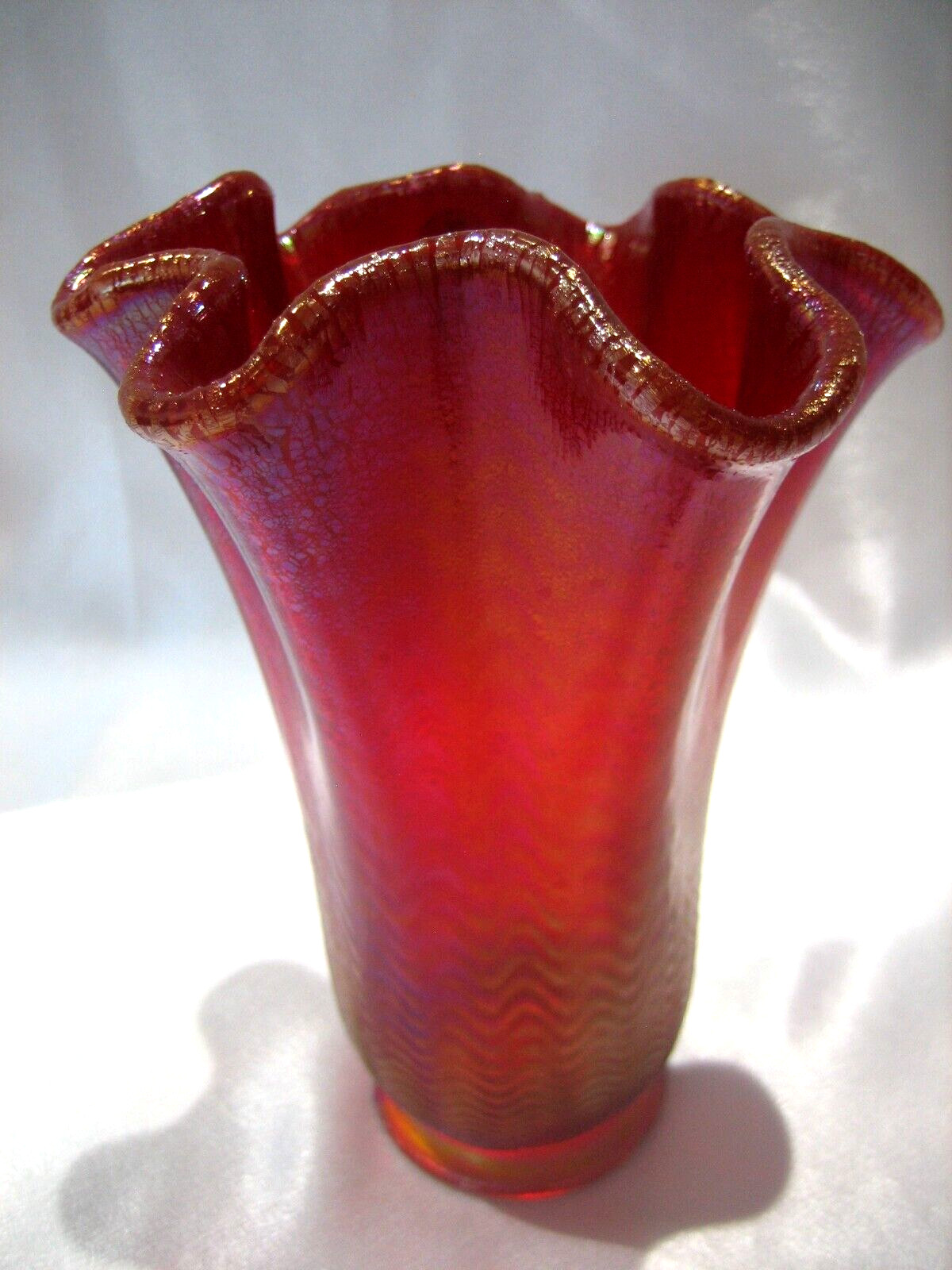 Fenton Iridescent Stretch Glass Ruby Red Vase 100 Years 2005 Label