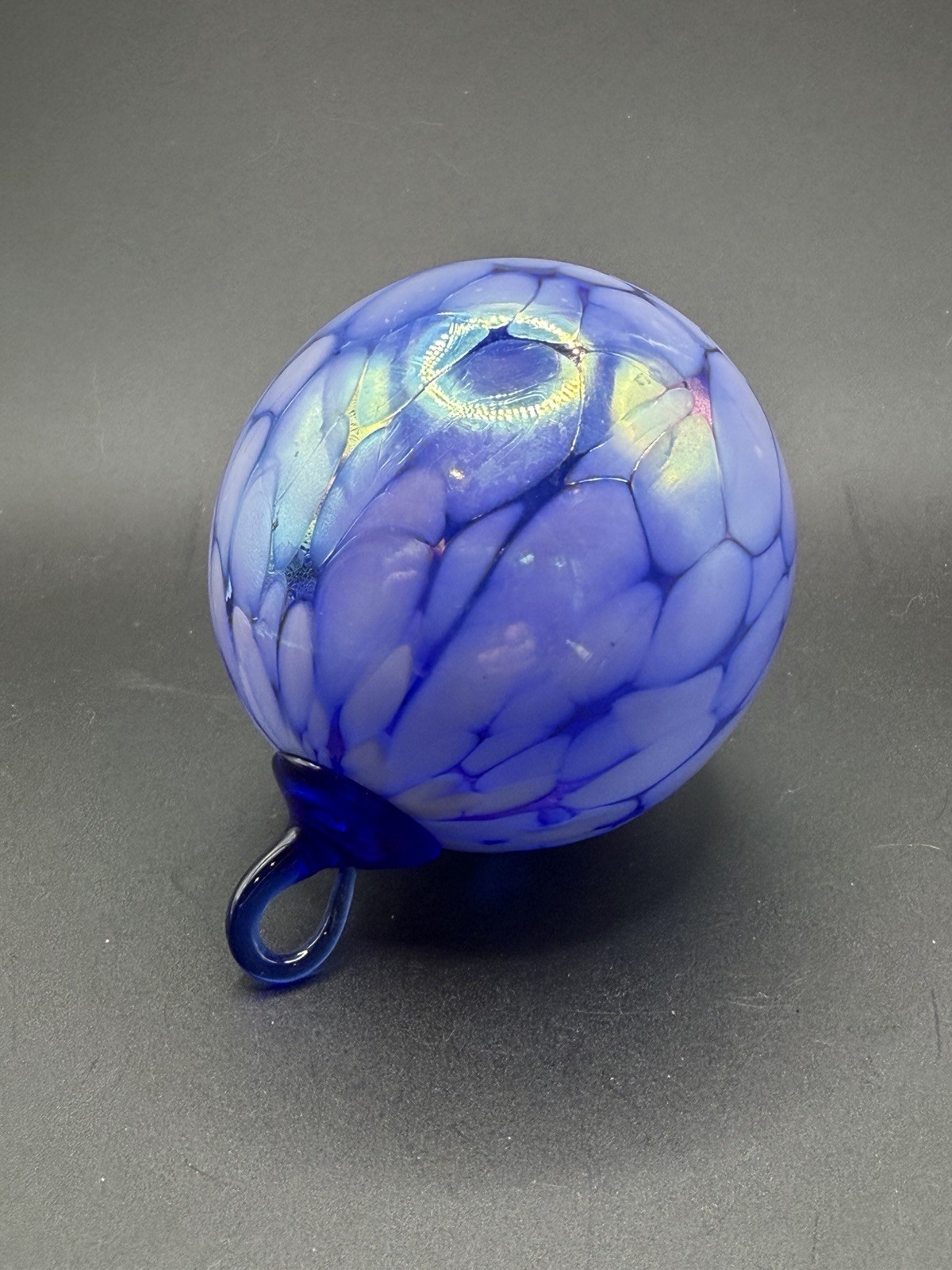 Studio Art Glass Blue Spotted Iridescent Ball Ornament Hand Blown 2.5”