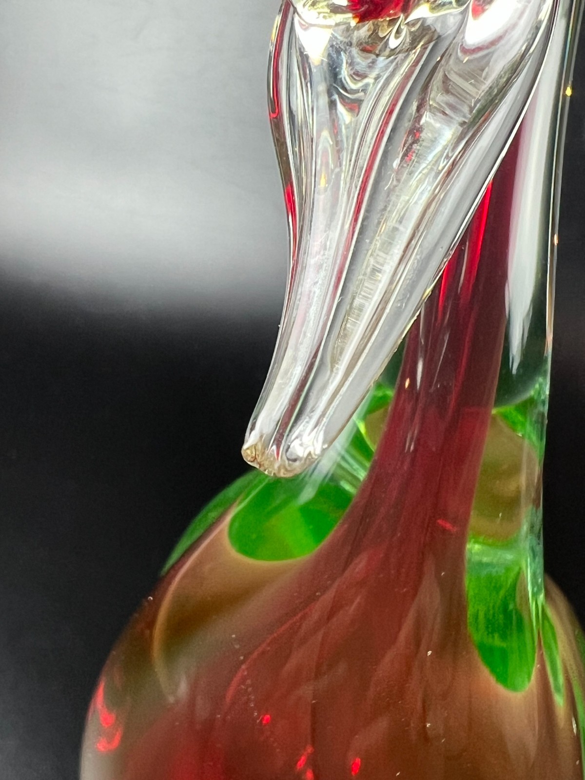 Vintage Murano red green uranium Sommerso glass duck swan goose UV glow 8.5″
