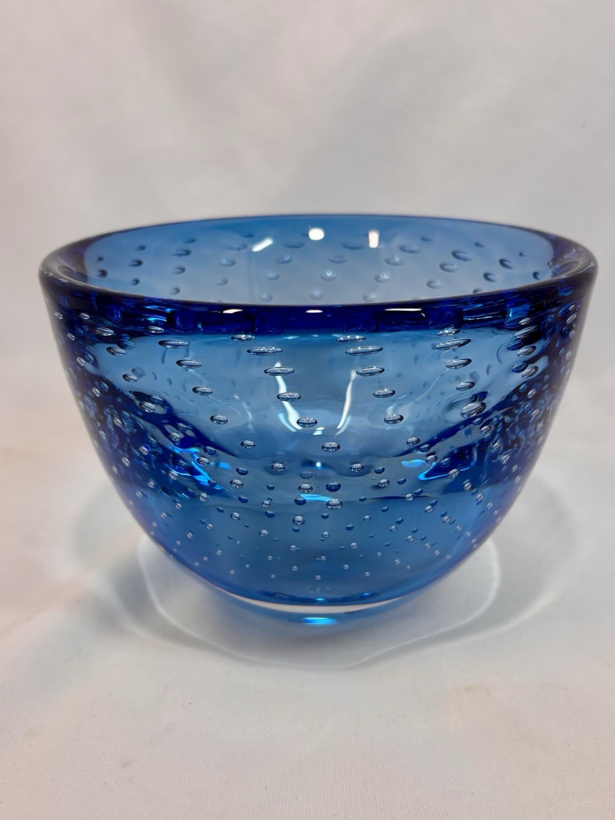VTG MCM Murano Signed J. Poirier Deep Blue Glass Controlled Bubble Bowl Heavy
